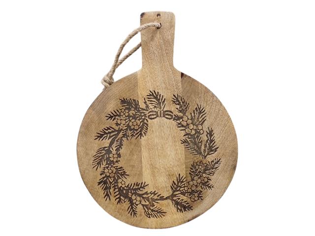 10" MANGO WOOD ROUND WREATH ETCHED CHEESE BOARD